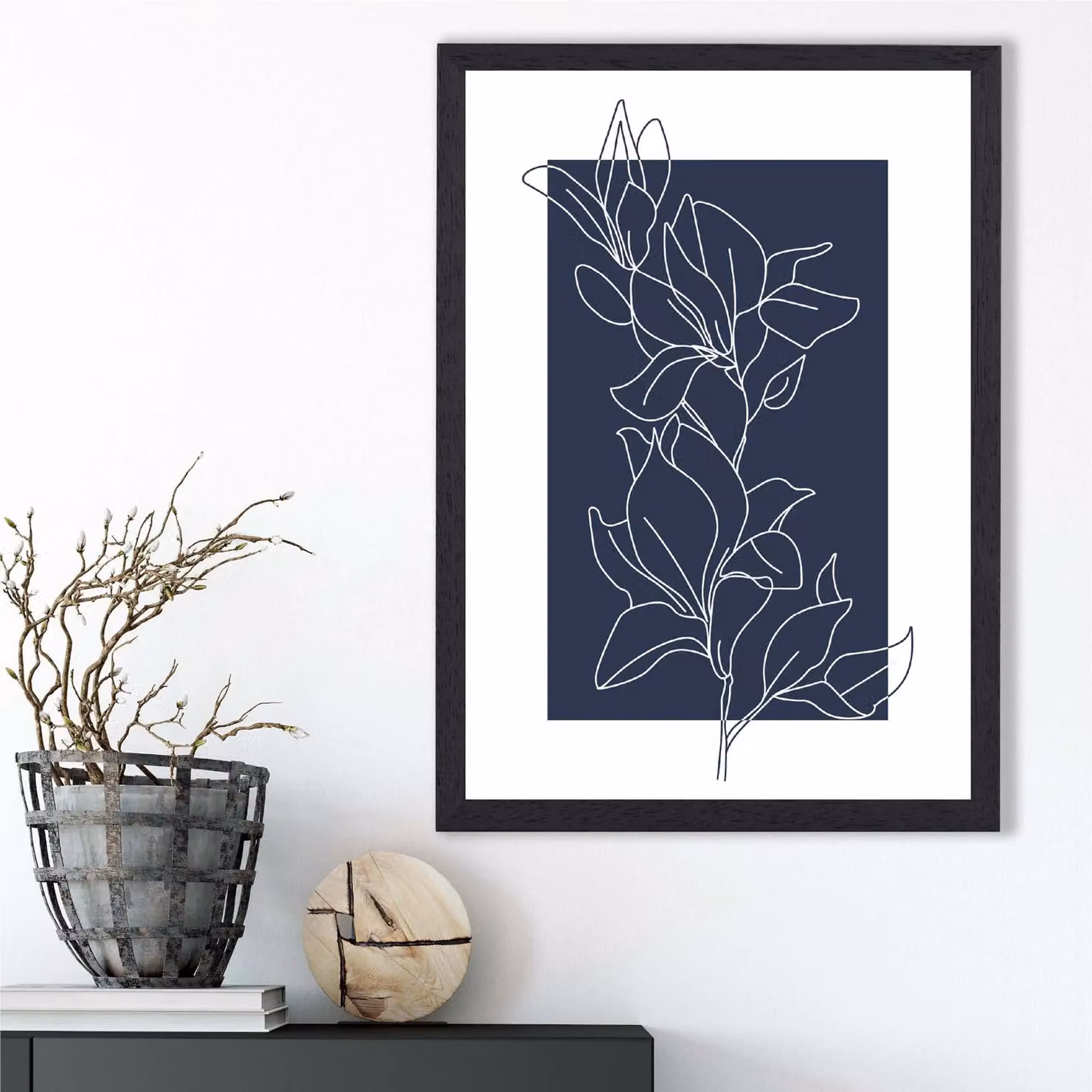 ARTZE Abstract Navy Blue and White Floral Line Art Framed Print, Black Frame, A4 – 2