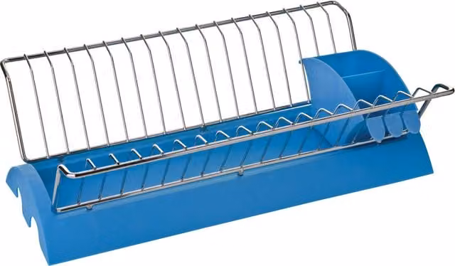 Orsina Blue Plastic and Stainless Steel Wire Dish Drainer with Cutlery Holder and Removable Drip Tray, W/D/H: 42.0 x 24.0 x 13.0 cm