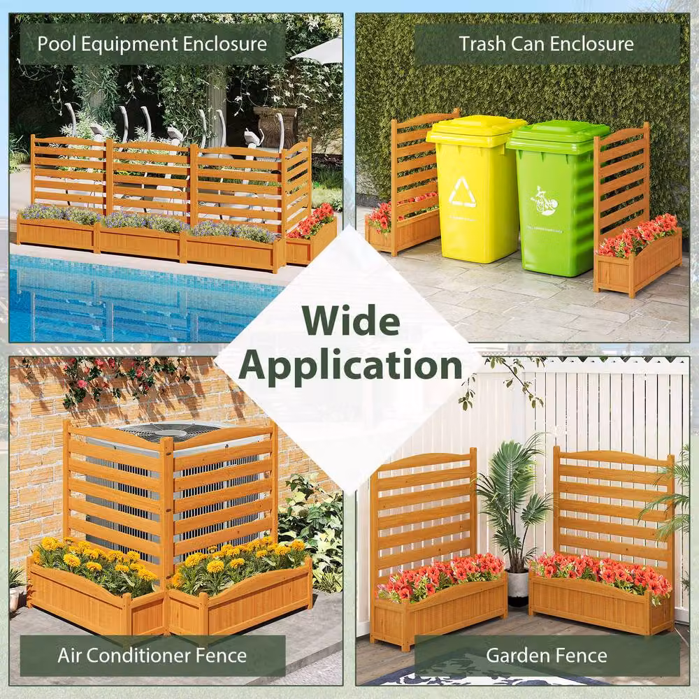 Gymax 2-Panel Wooden Privacy Screen with Planter Box Air Conditioner Fence, Brown, H: 170 cm, W: 101 cm, D: 2 cm – 4