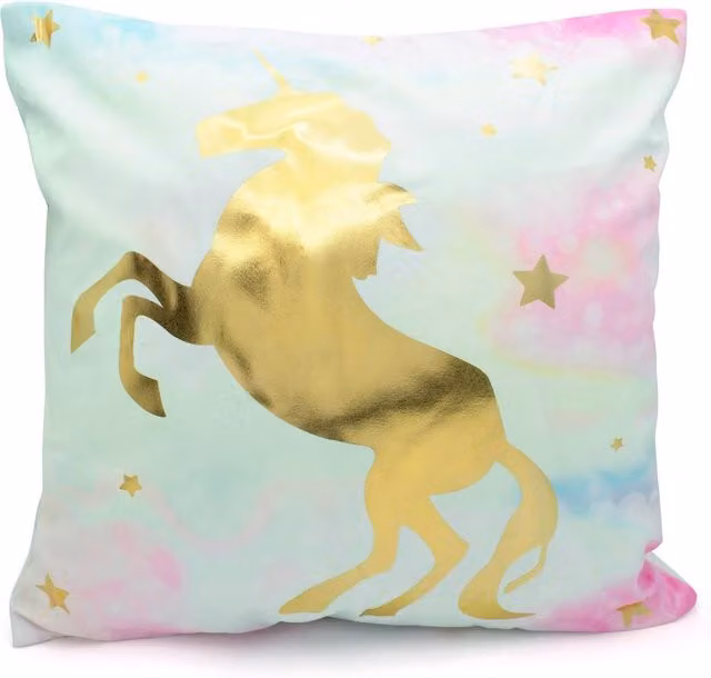 Velosso Unicorn Filled Cushion in Gold and Multicolour, W: 43 cm x H: 43 cm