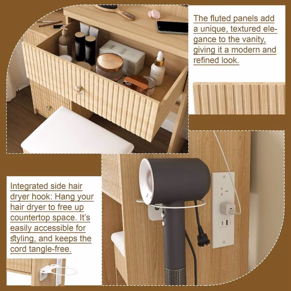 Rolipo Modern Vanity Desk with LED Lights, 4 Drawers and Power Socket in Sand – 4