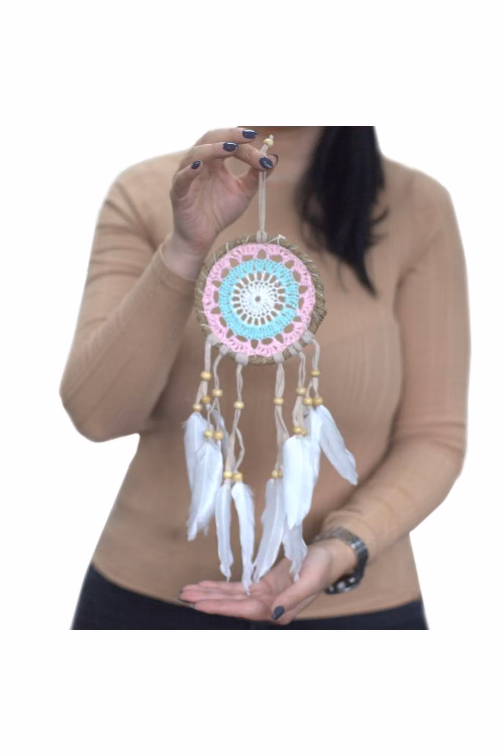 KDMD Pastel Pink and Multicolour Macramé Dream Catcher, Diameter: 12 cm – 1