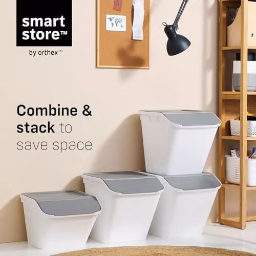 SmartStore Collect Stack-it Set of 3 Multipurpose Waste Sorting Recycling Bins with Flip Lids, Grey and White – 2