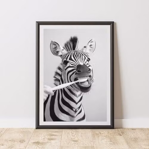 60 Second Makeover Zebra Brushing Teeth Animal Print Paper Poster, Black and White, A3