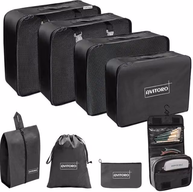 Leaper 9-Piece Black Mesh Fabric Cosmetic and Outdoor Luggage Storage Bag Set