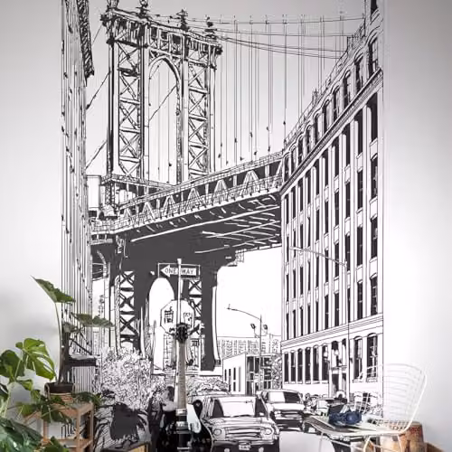 Grandeco Brooklyn Bridge 3 Lane Textured Vinyl Mural in Black and White, W: 280 cm, H: 159 cm – 2