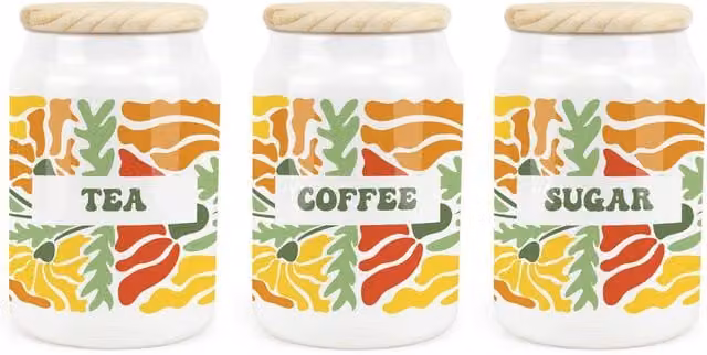 Purely Home Retro Floral Ceramic Tea, Coffee and Sugar Canister Set in Green, Orange and Yellow