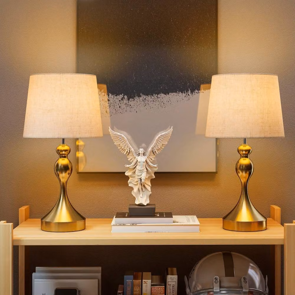 Wyld Haus Rino Set of 2 Modern Table Lamps with Gold Metal Bases and Beige Fabric Shades – 3