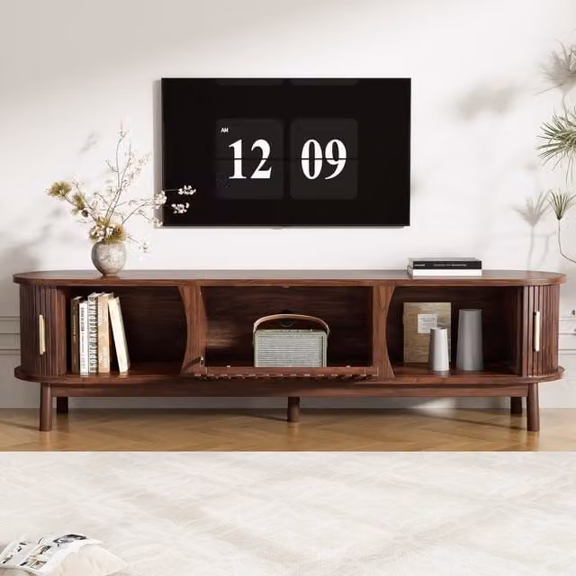 Aosom UK Retro MDF TV Stand with Sliding Wood-Slat Doors in Dark Oak, W/D/H: 165 x 39.5 x 46 cm – 1