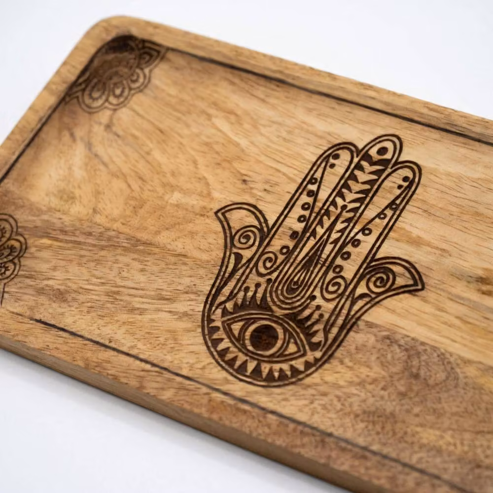 KDMD Elegant Black Hamsa Engraved Rectangular Wooden Tray for Jewelry and Decor in Brown, W: 30 cm, D: 15 cm