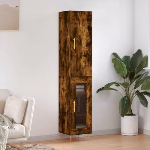 vidaXL Modern Highboard in Smoked Oak with Glass Doors, W/D/H: 34.5 x 28.9 x 180 cm – 2