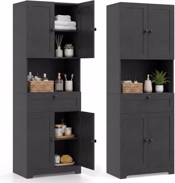 Costway Modern Black Wooden Bathroom Cabinet with 4 Doors and 1 Drawer – 1