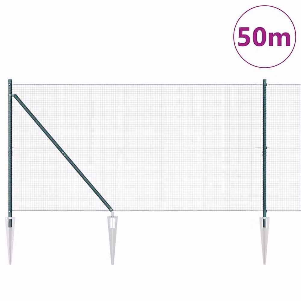 Berkfield Home Green Steel Welded Wire Fence with 13 In-Ground Spike Posts, 1.4 m x 50 m – 2