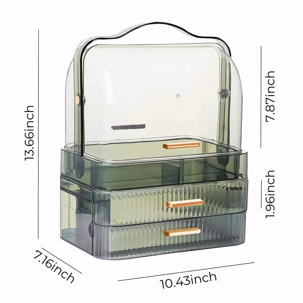 VOGREX Green Transparent Large Dustproof Makeup Organiser with Drawers, W: 34.7 cm, D: 18.2 cm, H: 26.5 cm – 2