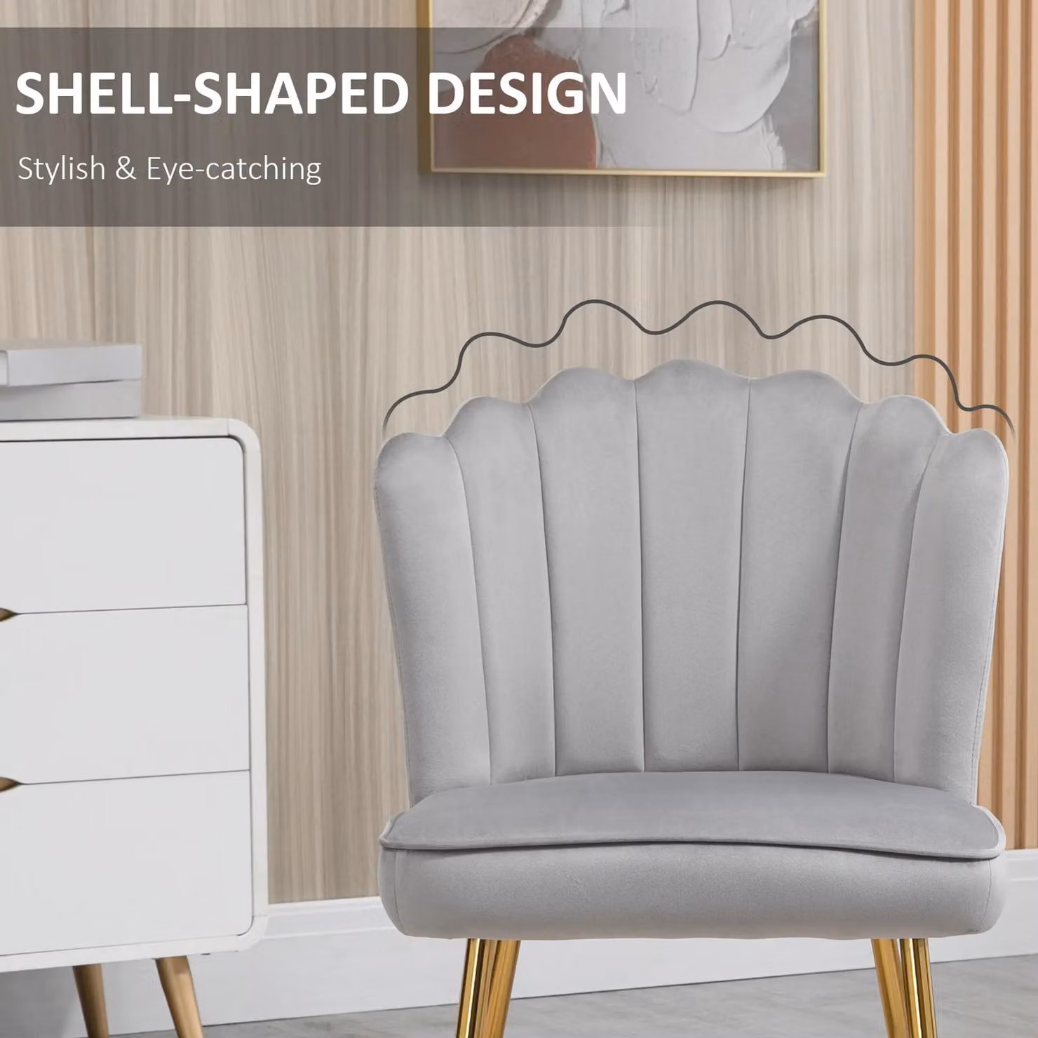 HOMCOM Set of 2 Grey Velvet Shell Accent Chairs with Gold Metal Legs for Dining Room or Bedroom – 3