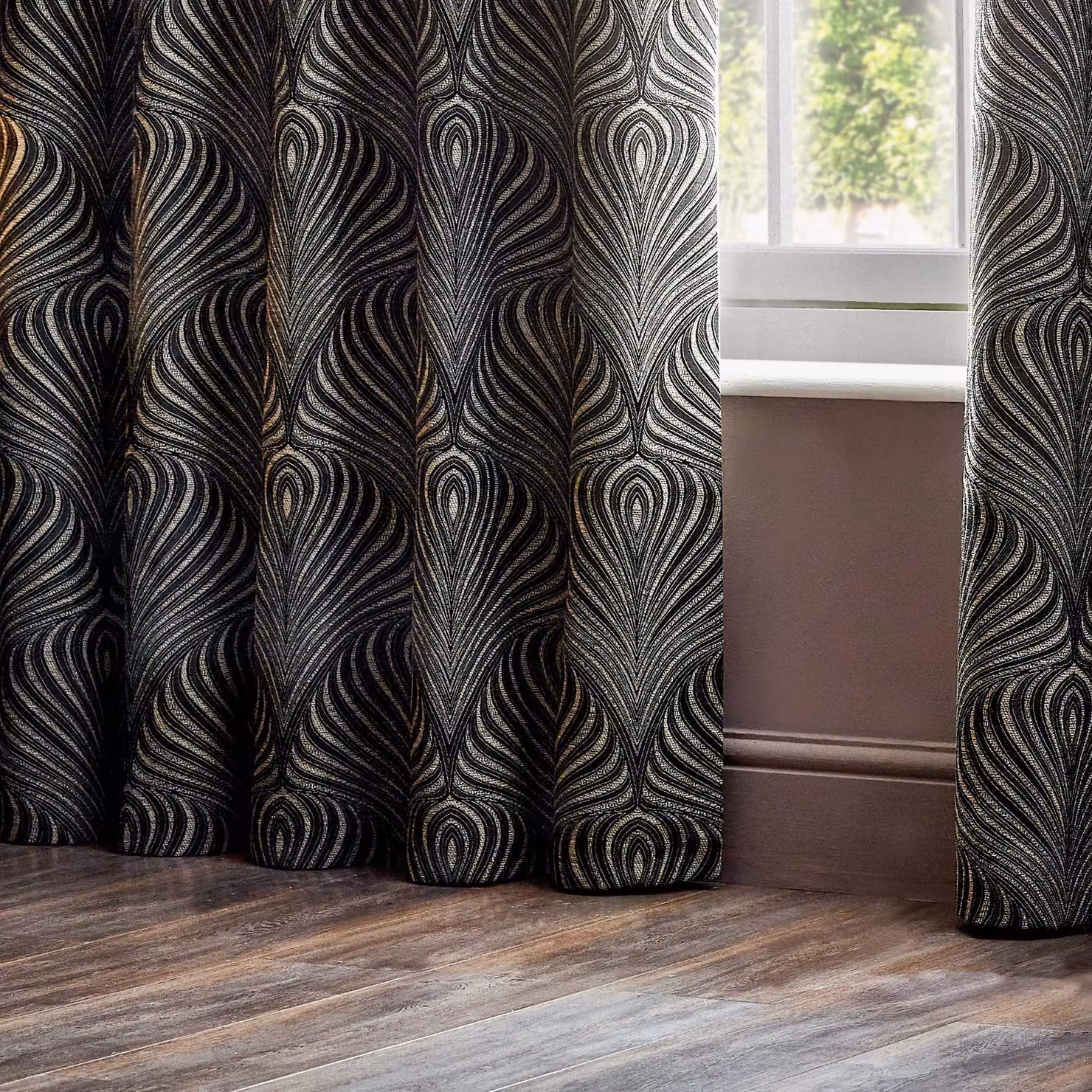 Paoletti Gatsby Art Deco Jacquard Eyelet Curtains in Black and Gold, Width: 229 cm, Drop: 229 cm – 2