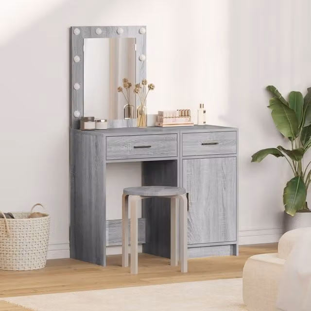 Berkfield Home 2-Piece Modern Dressing Table Set with LED in Grey Sonoma MDF