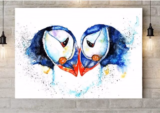 BebesArts Puffins Watercolour Wall Canvas, Blue, W: 60.96 cm, H: 60.96 cm