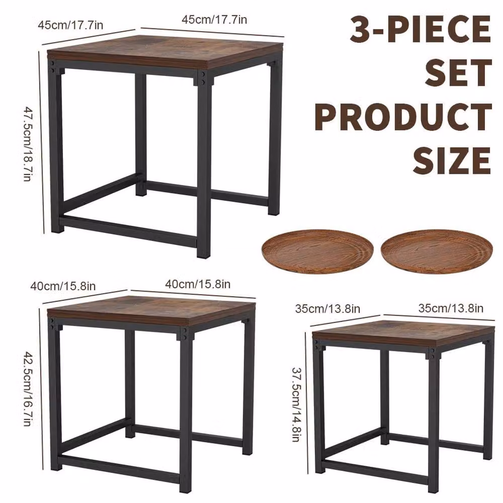 KORVIXA Set of 3 Nesting Coffee Tables in Brown and Black, Square Industrial Design – 2