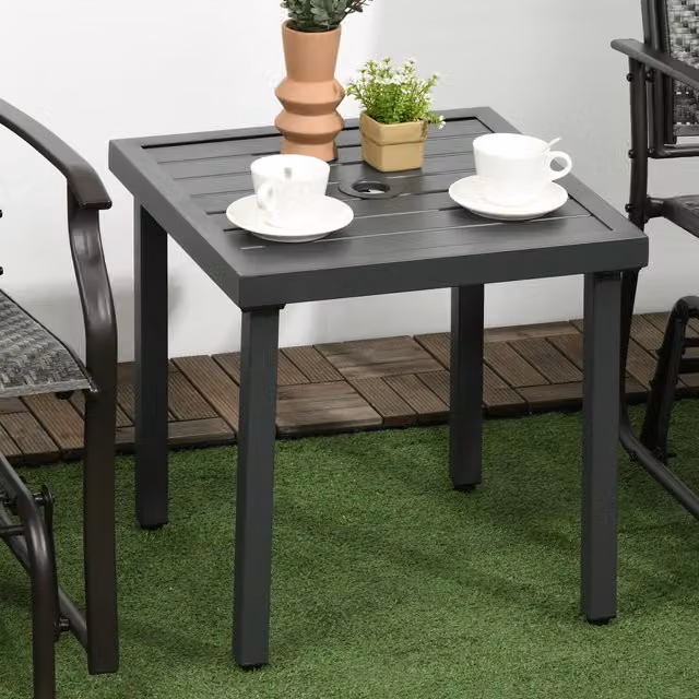 Outsunny Modern Metal Garden Side Table and Patio Coffee Table with Umbrella Hole in Matt Grey