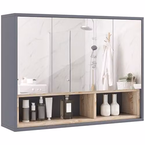 HOMCOM Grey 3-Door Wall-Mounted Bathroom Mirror Cabinet with Internal Shelves – 1