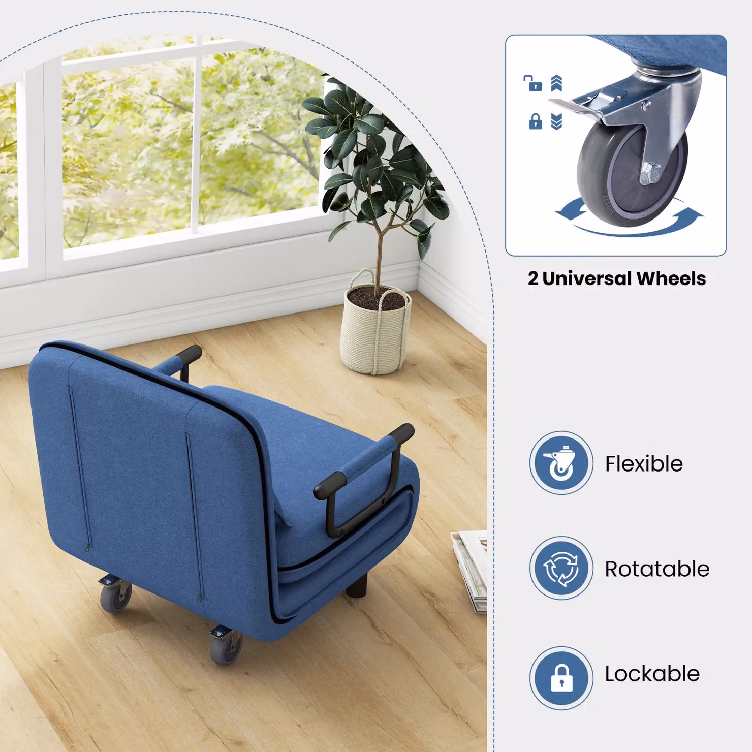 Costway Modern Fabric Single Folding Sofa Bed Chair with Pillow in Blue – 6