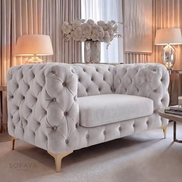Sofaya Monaco Chesterfield Velvet Armchair in Light Grey