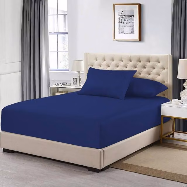 Homes-Linen 100% Egyptian Cotton 200TC Fitted Sheet in Blue, King Size, W/D: 180 x 200 cm, Depth: 30 cm – 1