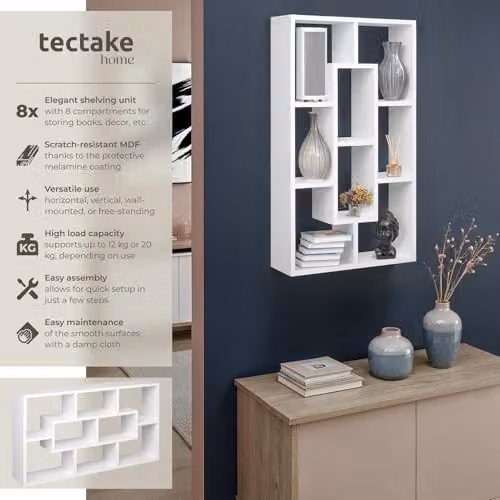 tectake Cassandra White Wall-Mounted Cube Storage Bookcase with 8 Open Compartments, W: 85 cm, H: 48 cm, D: 16 cm – 3