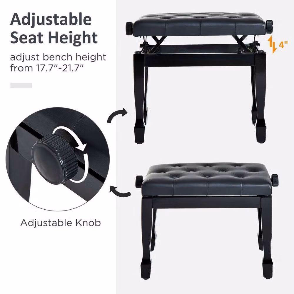 KORVIXA Adjustable Faux Leather Piano Stool in Black – 3