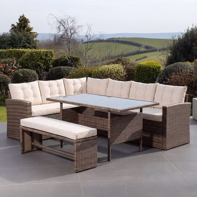 Artemis Home Piana Outdoor Rattan Corner Sofa Set with Table and Bench in Cream and Brown