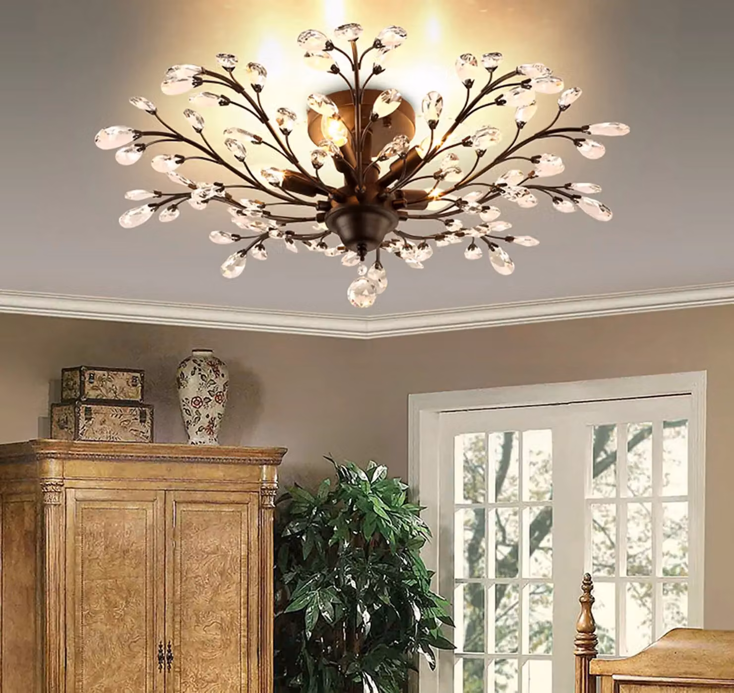 Garwarm 5-Light Dimmable Crystal Semi Flush Mount Ceiling Light in Black – 6