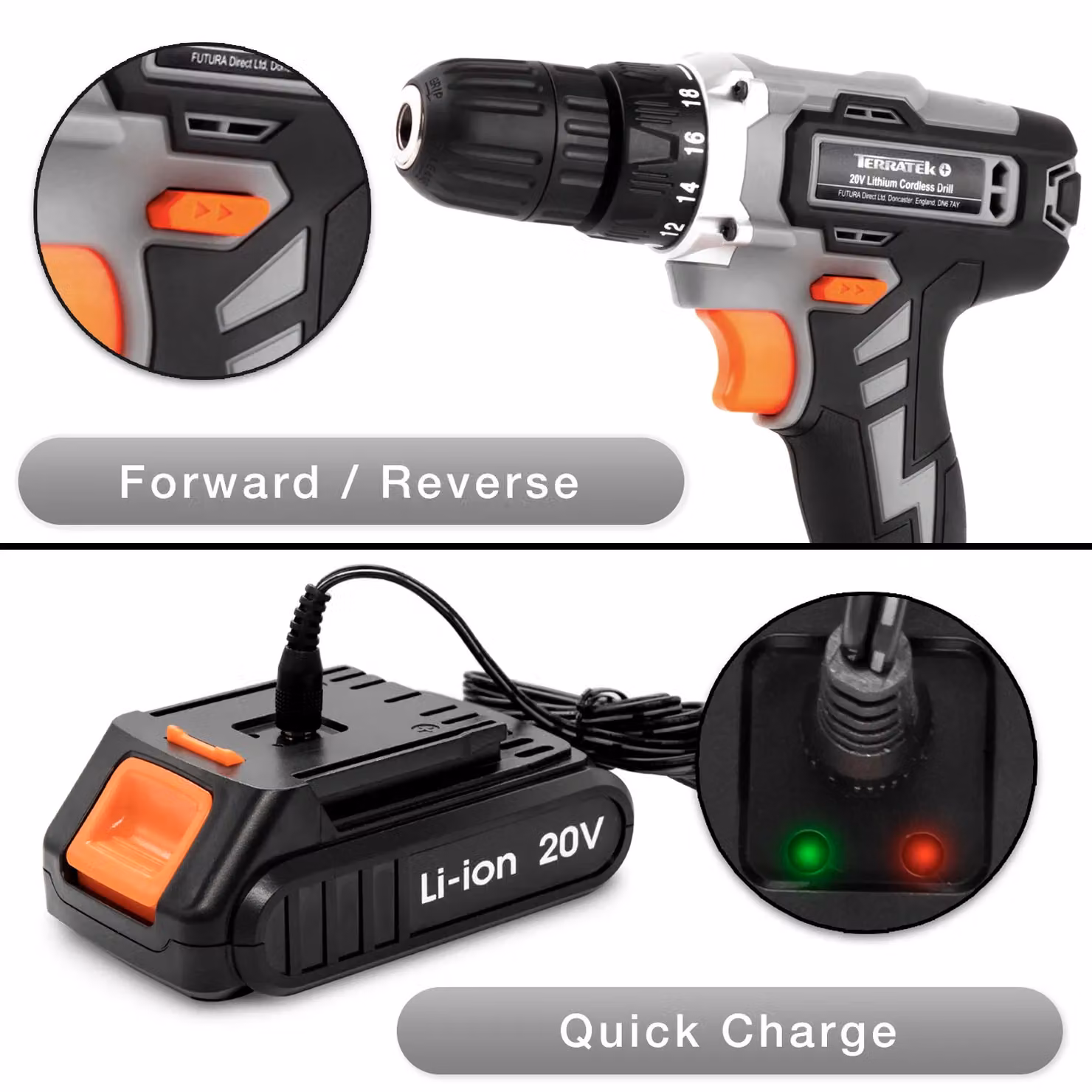 Terratek 20V Cordless Drill and Drill Bit Set with Rechargeable Battery and Charger, Orange – 2