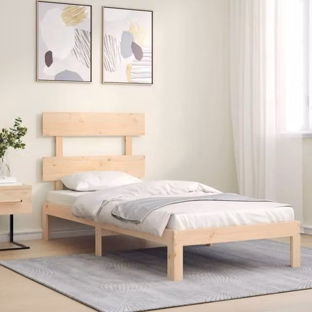 Berkfield Home Beautiful Bed Frame with Headboard in Beige Solid Pine Wood, W/D/H: 90 x 200 x 81 cm – 1