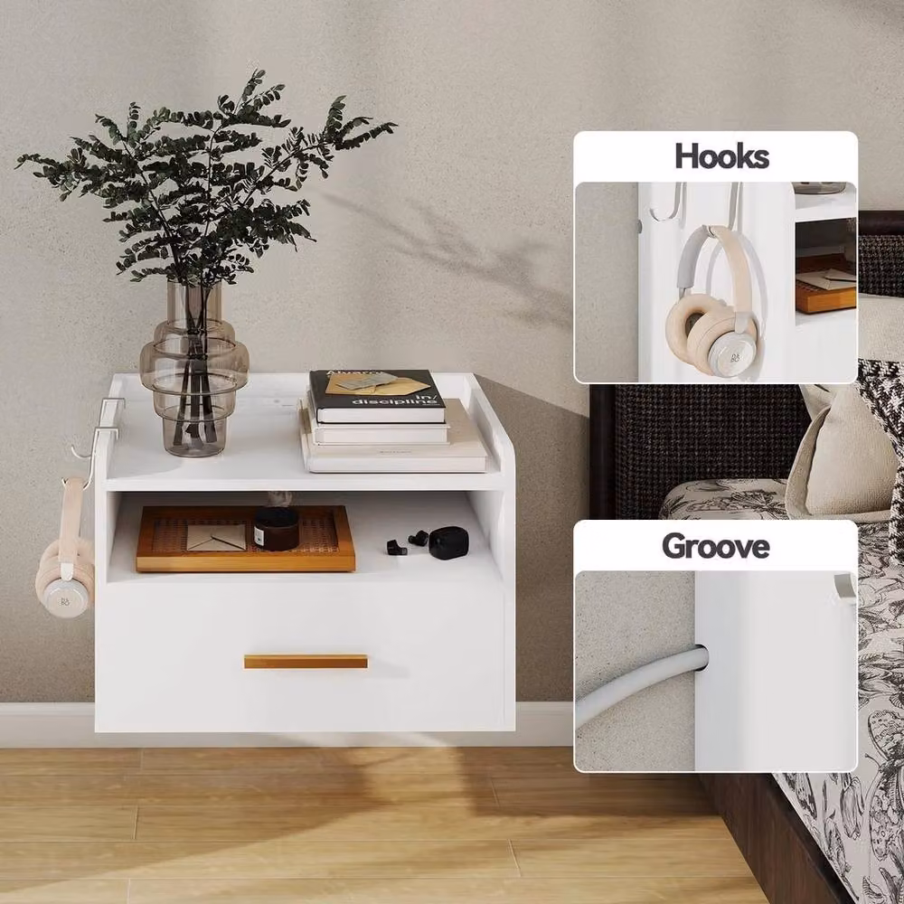 VOGREX White Wall Mounted Bedside Table with Charging Station, Drawer and Open Shelf – 4