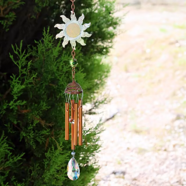 Betley Butterfly Gold Metal and Glass Hanging Wind Chime with Crystal and Sun Motifs