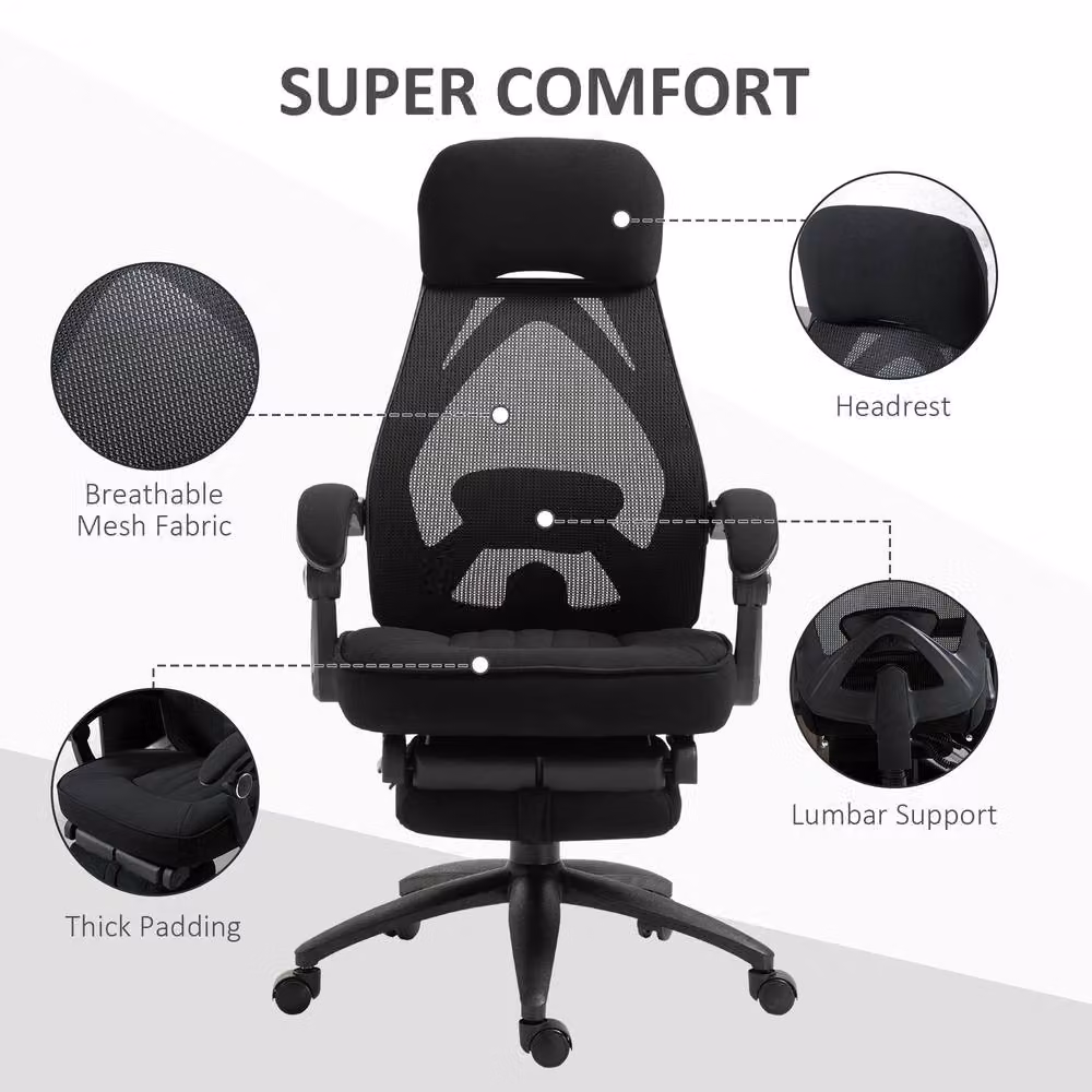 Rolipo Black Fabric Executive Swivel Office Chair with Headrest and Foot Ring – 8