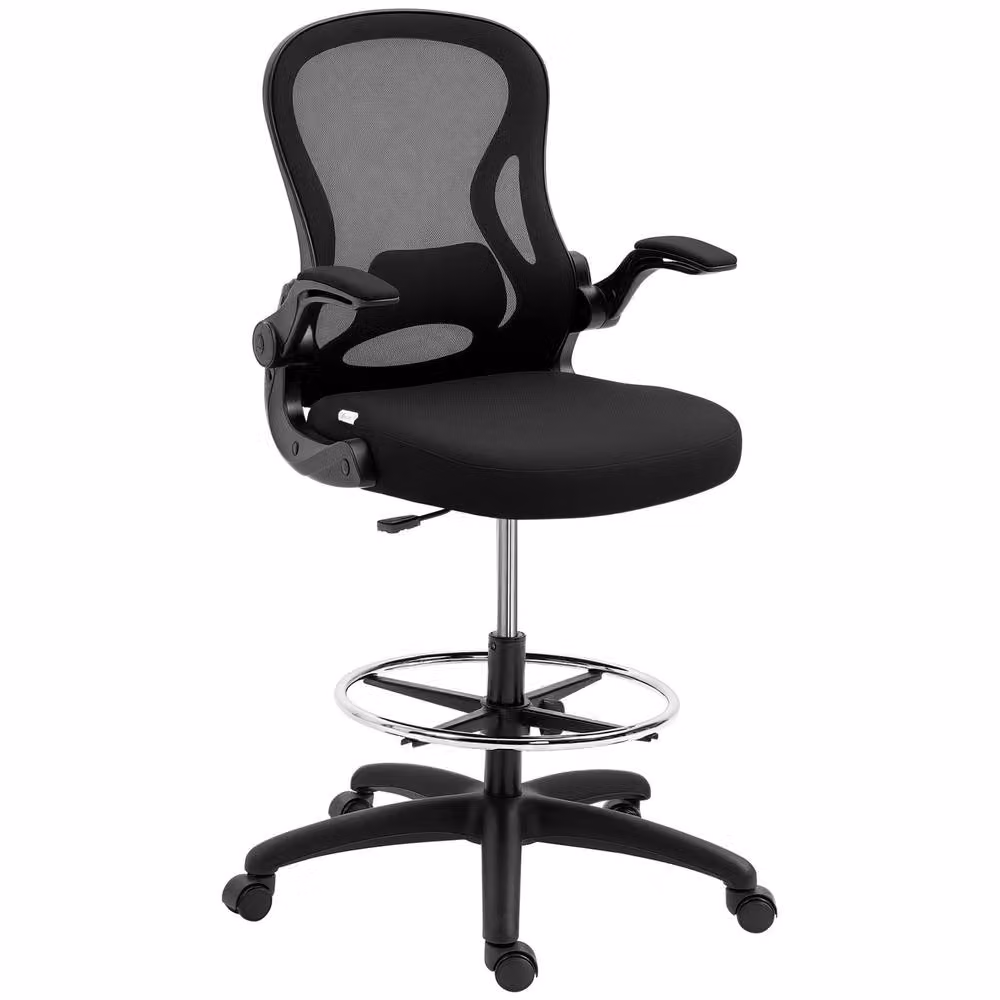 STILVORA Black Fabric High Drafting Office Chair with Flip-up Armrests and Foot Ring – 4