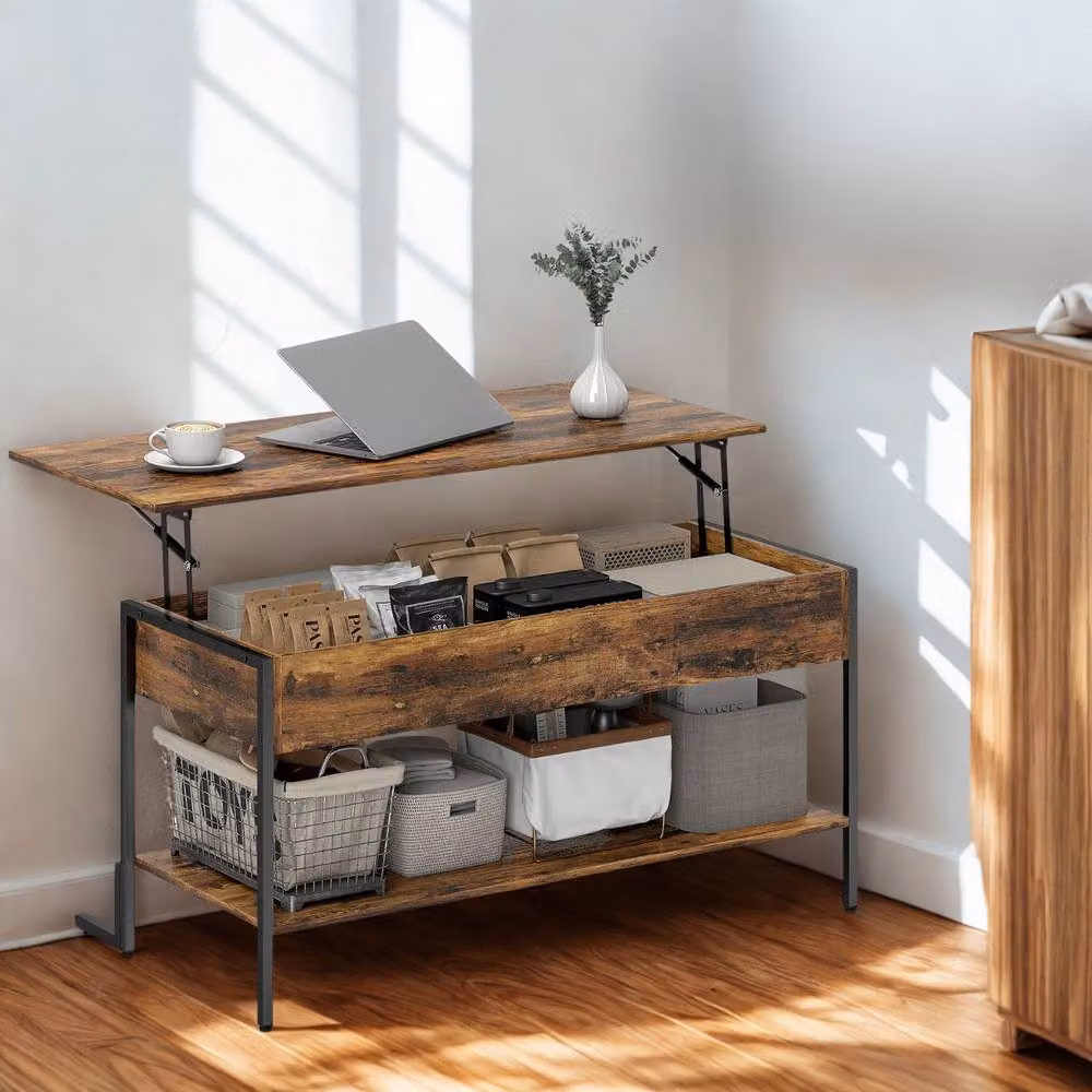 Pirlo Plush Industrial Lift Top Coffee Table with Storage Shelf in Brown and Black, W/D/H: 95 x 46.5 x 40 cm – 3