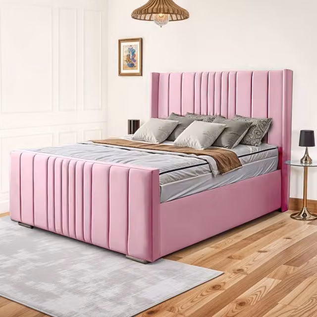 UK Bed Furniture Balmoral Pink Velvet Wingback Ottoman Gas Lift Upholstered Bed with 48 inch Headboard, Size: Double (140 x 200 cm)