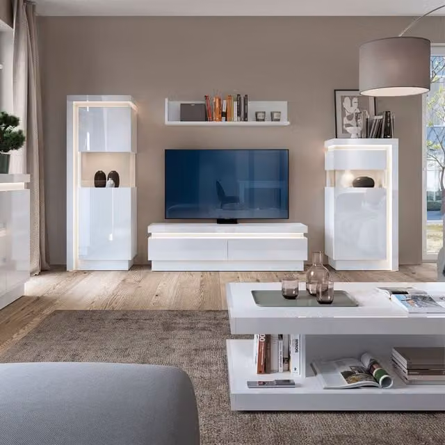 Furniture To Go Lyon Modern White Glossy 2-Drawer TV Cabinet with Integrated Lighting