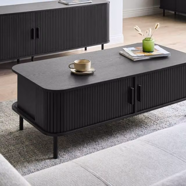 Wyld and Coco Black Laminated Wood and Metal Coffee Table with Sliding Storage, W/D/H: 120 x 60 x 41 cm – 1