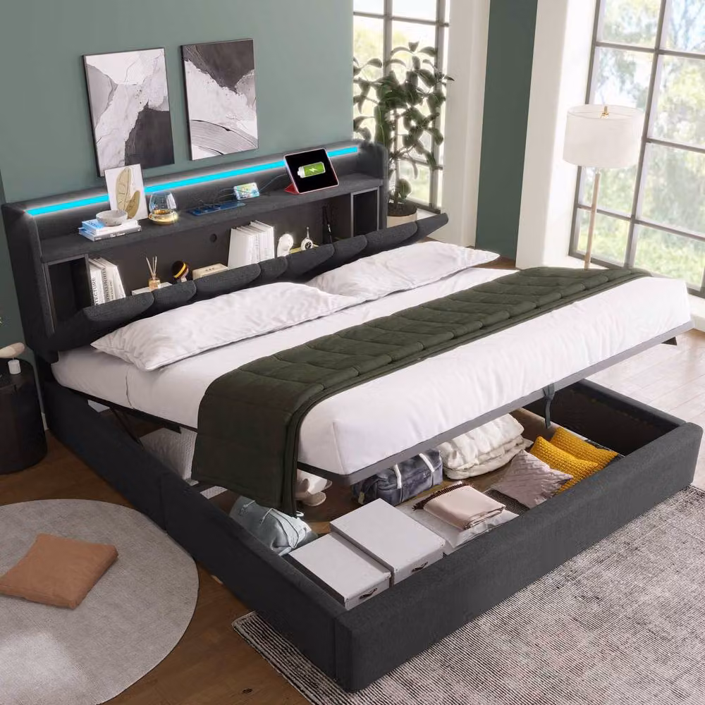STILVORA Double Bed Frame in Grey with Upholstered Storage Headboard, LED Lighting and USB Charging Ports – 7