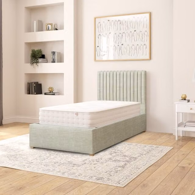 Aspire Grant Upholstered Ottoman Storage Bed in Green Cotton Fabric, W/D/H: 90 x 190 cm
