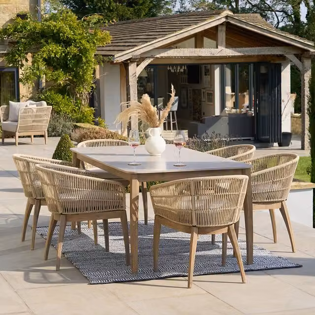 Moeven Modern 6 Seater Outdoor Dining Set in Natural Rattan and Grey Acacia Wood