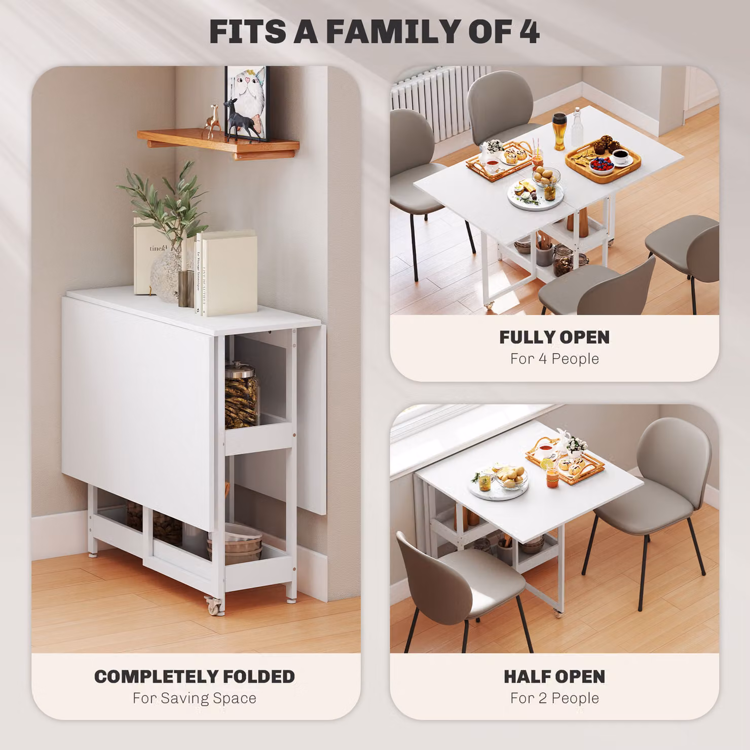 HOMCOM Industrial Folding Dining Table with Drop Leaf and Open Compartments, White – 3