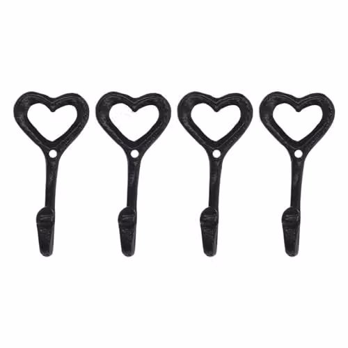 XIUsheUA Retro Heart-Shaped Wrought Iron Wall Mounted Hooks in Black, 4 Pack