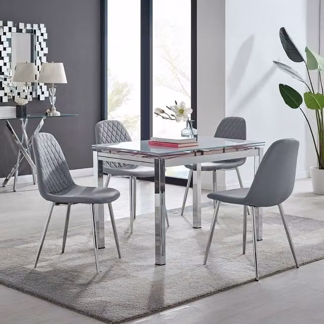 Furniturebox Enna White Glass Extending Dining Table and 4 Corona Silver Leg Chairs in Grey