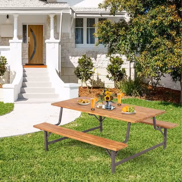 Costway Rustic Acacia Wood and Metal Dining Table and Bench Set in Brown