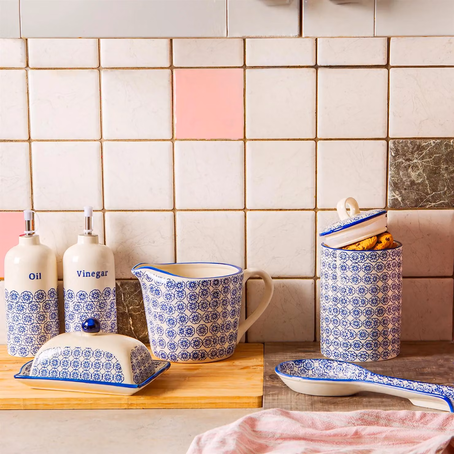 Nicola Spring Hand-Printed Ceramic Kitchen Utensil Holder, 1 Litre, Blue – 3